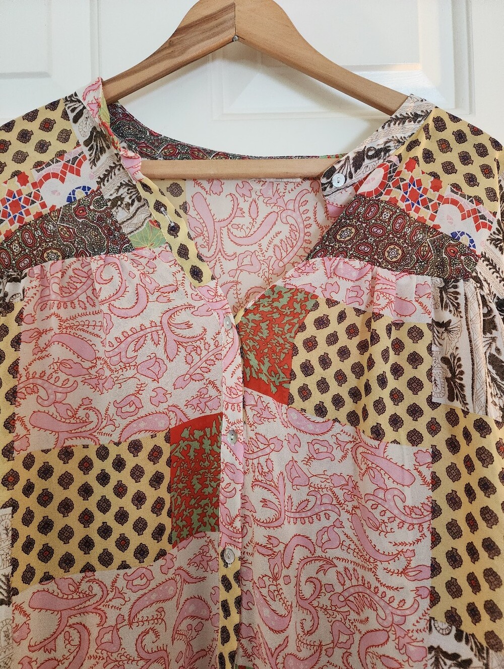 Eesome Patchwork Button Blouse Flowy Bohemian Pink Size L Festival Whimsy - Picture 8 of 8